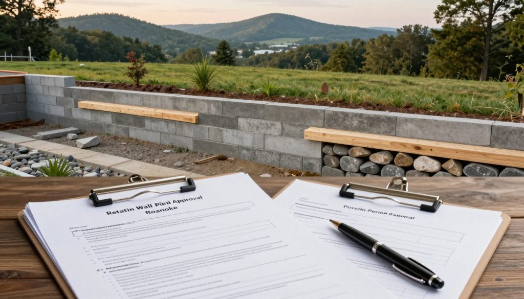 A detailed guide for retaining wall permit approval in Roanoke, featuring a well-structured layout. In the foreground, a neatly arranged stack of documents and a clipboard with a pen, symbolizing the application process. The middle layer showcases an image of a partially constructed retaining wall, illustrating various materials like concrete blocks, timber, and stones. In the background, a serene landscape of Roanoke, with rolling hills and trees, under soft, natural lighting that suggests a late afternoon ambiance. The mood is professional and informative, with an emphasis on clarity and organization, capturing the essence of regulatory compliance for DIY builders and landscapers. The scene should create an inviting atmosphere conducive to learning and decision-making.