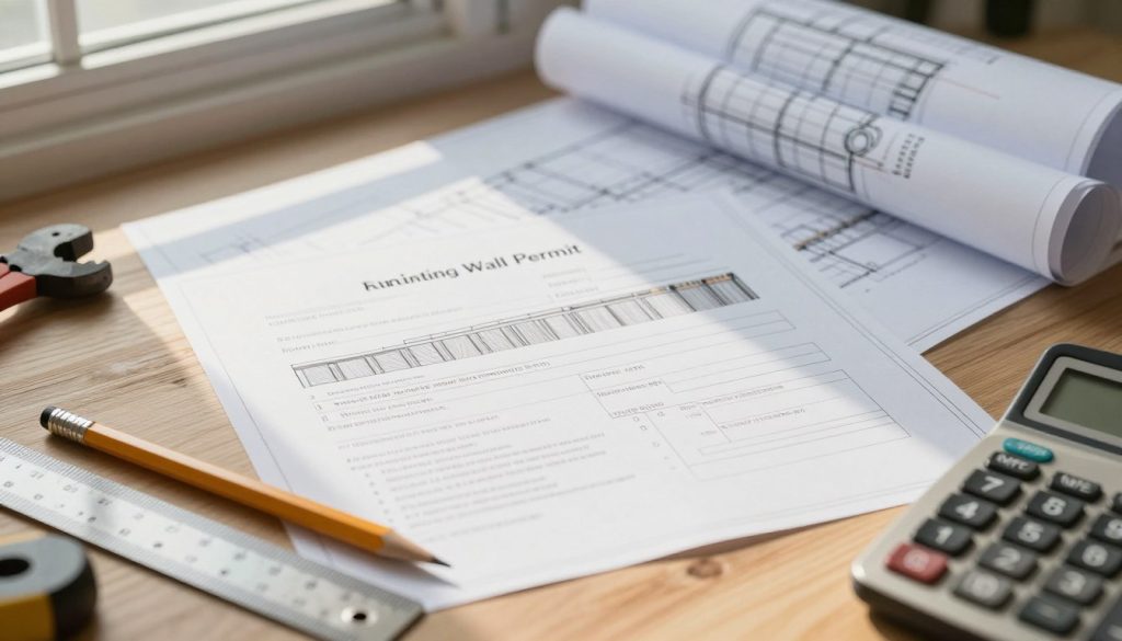 A detailed retaining wall permit application form lies on a wooden desk adorned with a set of architectural plans in the background, showcasing a blueprint of a retaining wall design. The foreground features a carefully arranged assortment of tools, including a pencil, a ruler, and a calculator, suggesting an organized workspace ready for planning. A soft sunlight filters through a nearby window, casting gentle shadows across the form and tools, adding warmth to the scene. The atmosphere is calm and professional, enveloping the viewer in a sense of preparedness and focus typical of a home improvement project. The overall composition emphasizes clarity and intention, suitable for illustrative use in a guide about home construction permits.
