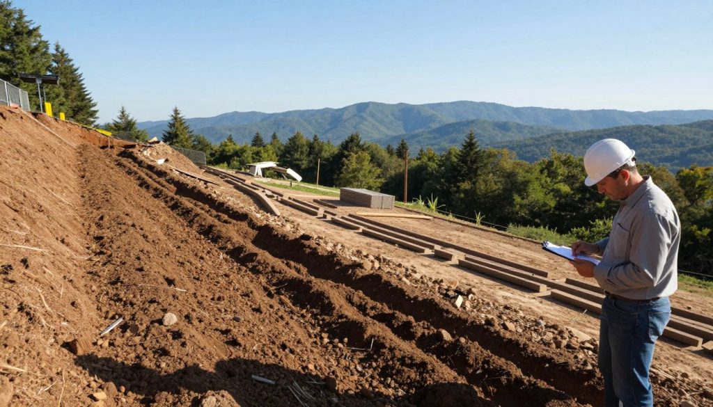 A detailed view of a sloped Blue Ridge lot showcasing proper drainage systems and foundation reviews. In the foreground, illustrate a professional engineer in modest casual clothing examining soil conditions with a clipboard. The mid-ground features a well-maintained drainage ditch and various foundation materials laid out for analysis. In the background, depict a lush landscape of the Blue Ridge Mountains under a clear blue sky, with a slight gradient of sunlight illuminating the scene. The angle is slightly elevated, capturing the slope's gradient and highlighting the drainage pathways. The overall atmosphere conveys a sense of professionalism and diligence in assessing the land, emphasizing the importance of proper site preparation for construction.